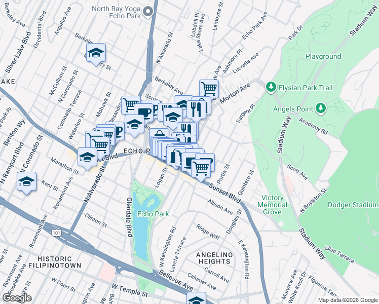 map of restaurants, bars, coffee shops, grocery stores, and more near 1615 Montana Street in Los Angeles