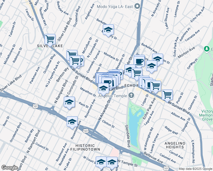 map of restaurants, bars, coffee shops, grocery stores, and more near 2136 Elsinore Street in Los Angeles