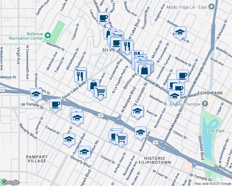 map of restaurants, bars, coffee shops, grocery stores, and more near 718 North La Fayette Park Place in Los Angeles