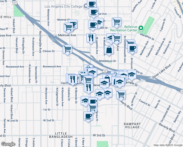 map of restaurants, bars, coffee shops, grocery stores, and more near 4016 Rosewood Avenue in Los Angeles