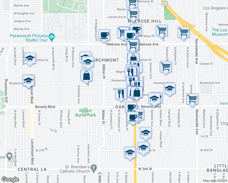 map of restaurants, bars, coffee shops, grocery stores, and more near 4833 Elmwood Avenue in Los Angeles