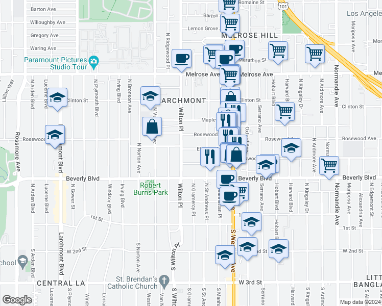 map of restaurants, bars, coffee shops, grocery stores, and more near 4833 Elmwood Avenue in Los Angeles