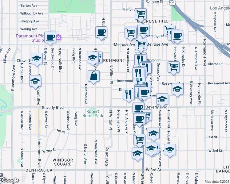 map of restaurants, bars, coffee shops, grocery stores, and more near 4833 Elmwood Avenue in Los Angeles