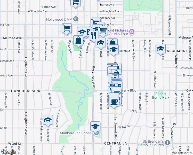 map of restaurants, bars, coffee shops, grocery stores, and more near 445 North Rossmore Avenue in Los Angeles