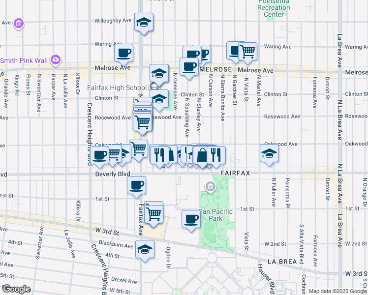 map of restaurants, bars, coffee shops, grocery stores, and more near 411 North Spaulding Avenue in Los Angeles
