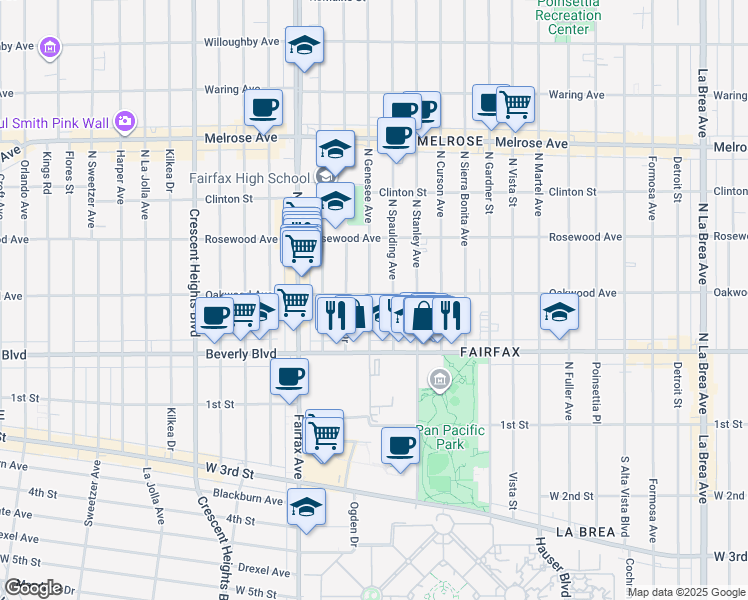 map of restaurants, bars, coffee shops, grocery stores, and more near 411 North Spaulding Avenue in Los Angeles