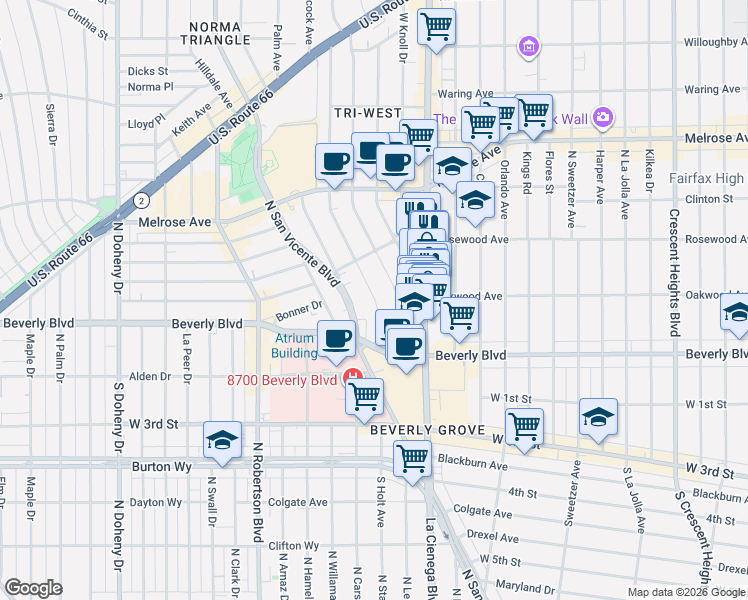 map of restaurants, bars, coffee shops, grocery stores, and more near 362 Huntley Drive in West Hollywood
