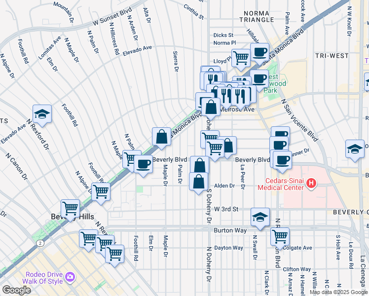 map of restaurants, bars, coffee shops, grocery stores, and more near 450 North Palm Drive in Beverly Hills