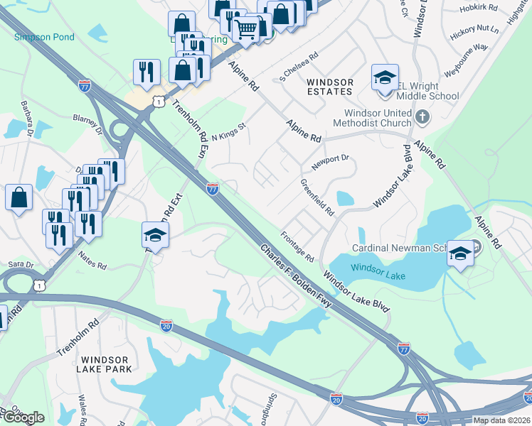 map of restaurants, bars, coffee shops, grocery stores, and more near 131 Calloway Court in Columbia