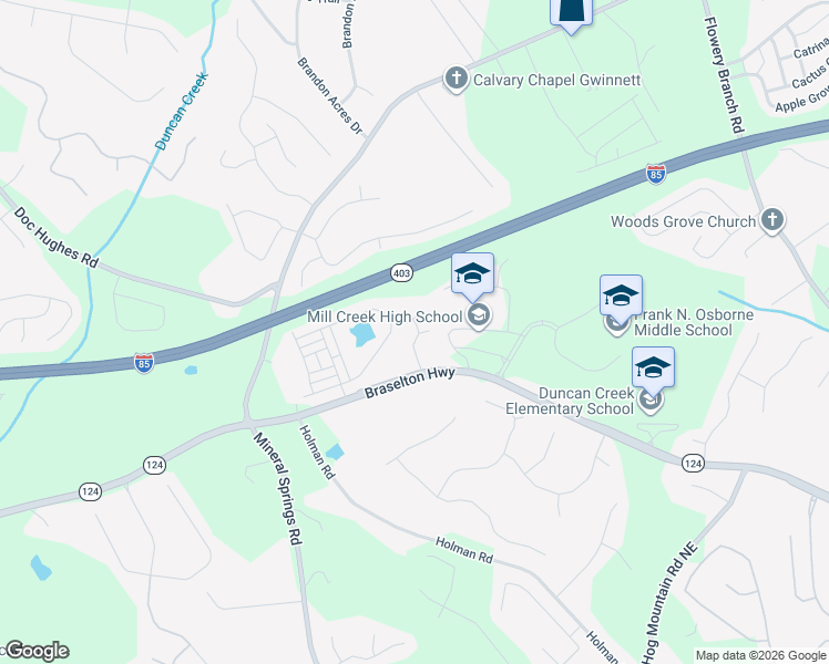 map of restaurants, bars, coffee shops, grocery stores, and more near 2083 Millcrest Drive in Hoschton