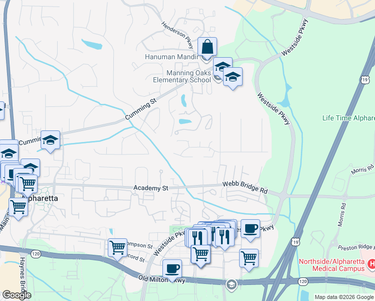 map of restaurants, bars, coffee shops, grocery stores, and more near 2705 Laurelwood Lane in Alpharetta
