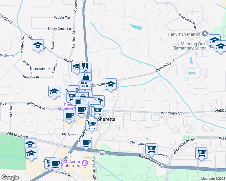 map of restaurants, bars, coffee shops, grocery stores, and more near 160 Cricket Lane in Alpharetta