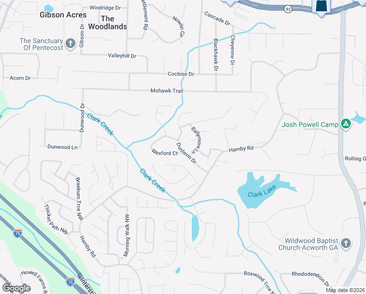 map of restaurants, bars, coffee shops, grocery stores, and more near 126 Dunlavin Drive in Acworth