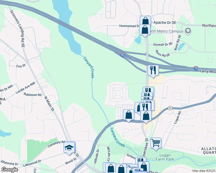 map of restaurants, bars, coffee shops, grocery stores, and more near 4630 Liberty Square Drive in Acworth