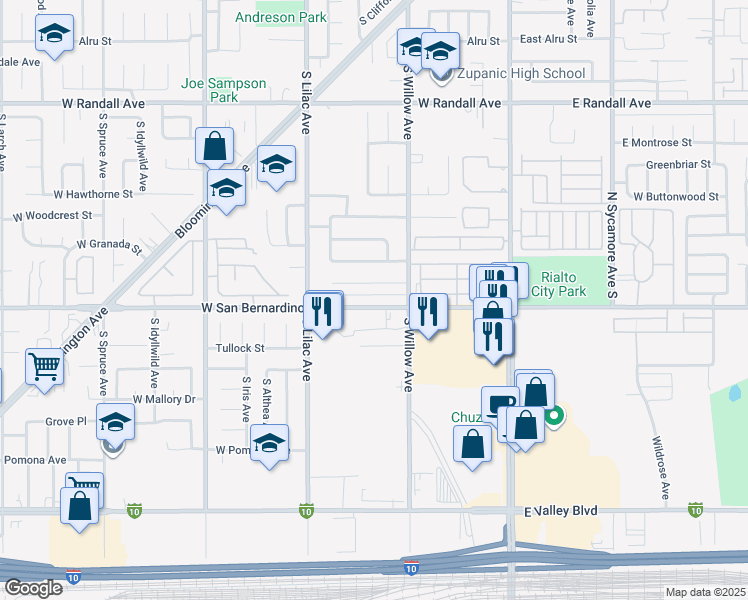 map of restaurants, bars, coffee shops, grocery stores, and more near 360 West San Bernardino Avenue in Rialto