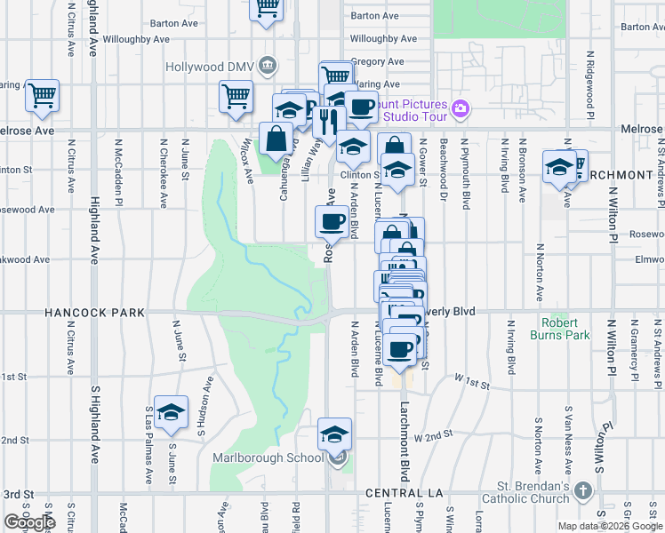 map of restaurants, bars, coffee shops, grocery stores, and more near 410 North Rossmore Avenue in Los Angeles
