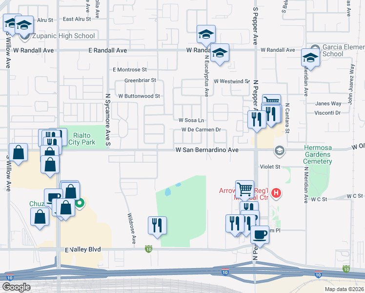 map of restaurants, bars, coffee shops, grocery stores, and more near 1972 West De Anza Drive in Colton
