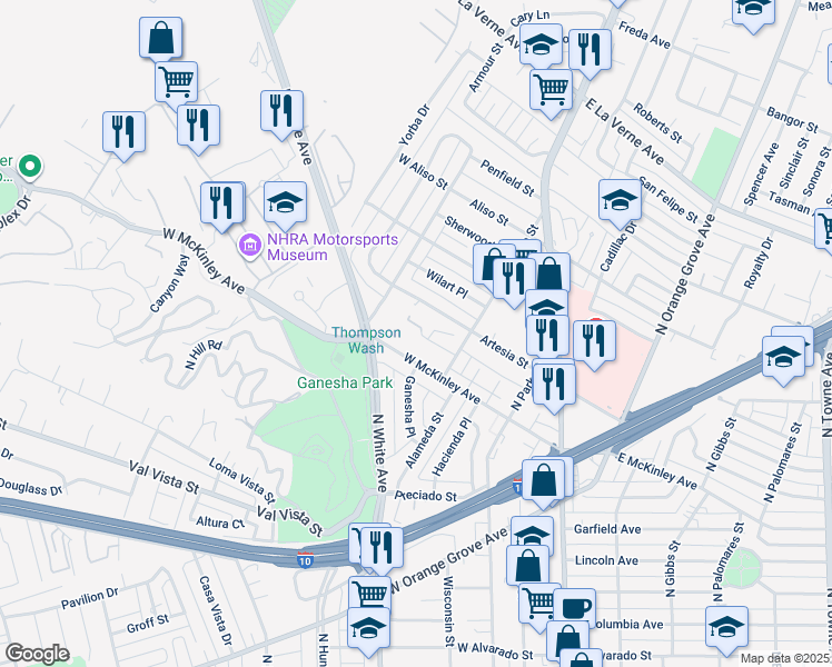 map of restaurants, bars, coffee shops, grocery stores, and more near 430 Anderwood Court in Pomona