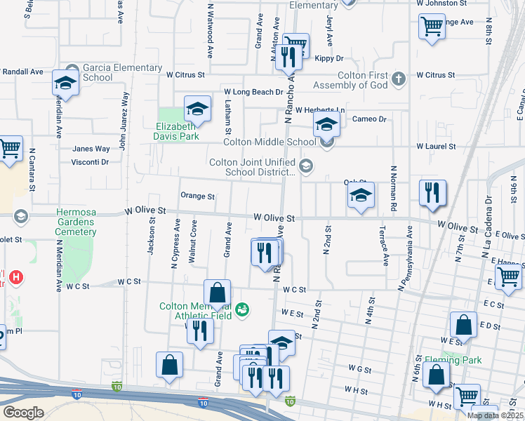 map of restaurants, bars, coffee shops, grocery stores, and more near 835 West Olive Street in Colton