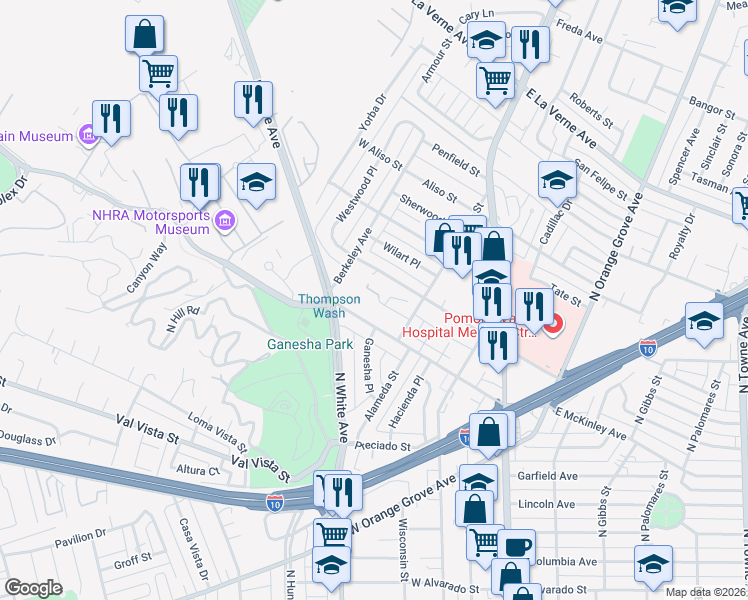 map of restaurants, bars, coffee shops, grocery stores, and more near 430 Anderwood Court in Pomona