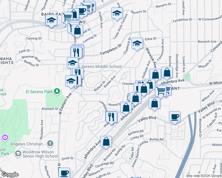 map of restaurants, bars, coffee shops, grocery stores, and more near 2639 Round Drive in Los Angeles