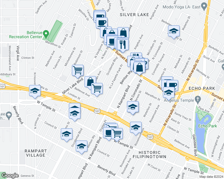 map of restaurants, bars, coffee shops, grocery stores, and more near 718 North La Fayette Park Place in Los Angeles