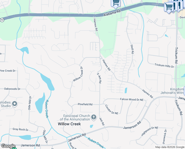 map of restaurants, bars, coffee shops, grocery stores, and more near 2018 Cambridge Drive in Woodstock