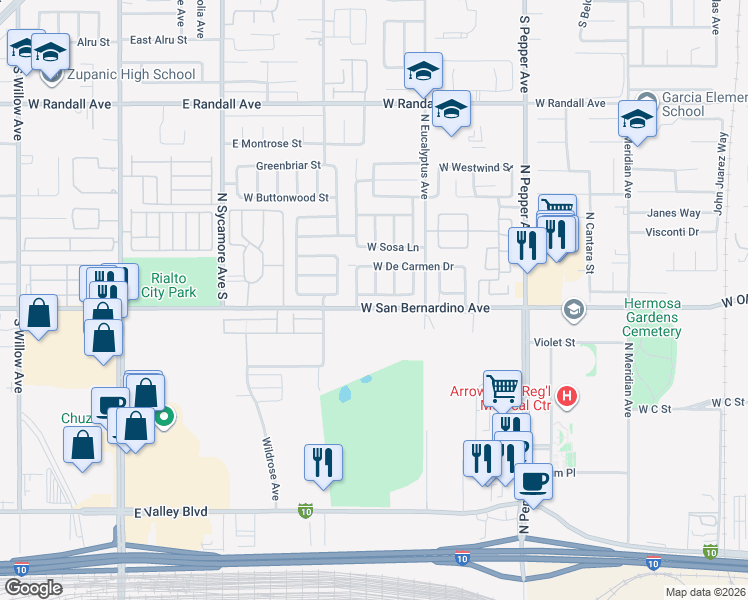map of restaurants, bars, coffee shops, grocery stores, and more near 1972 West De Anza Drive in Colton