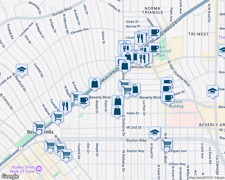 map of restaurants, bars, coffee shops, grocery stores, and more near 435 North Oakhurst Drive in Beverly Hills