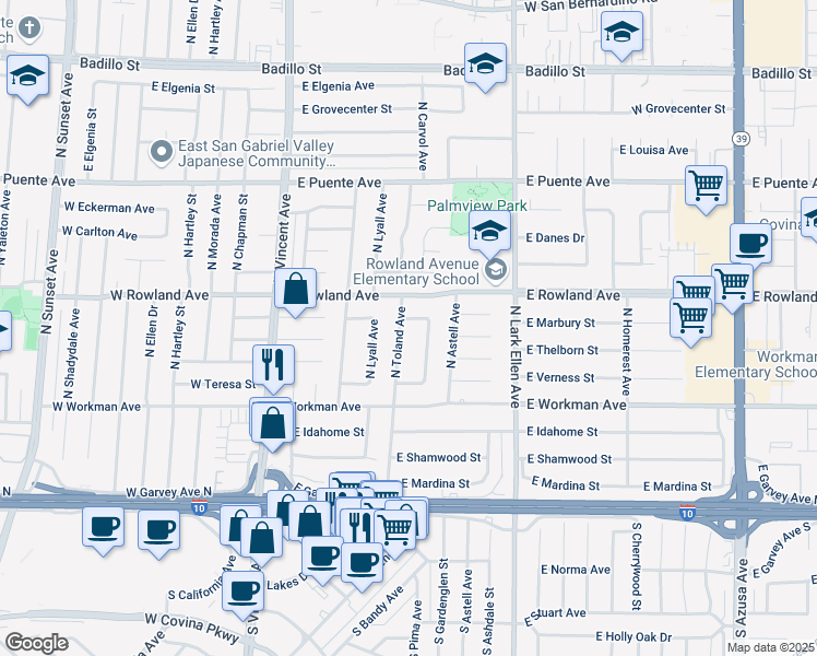 map of restaurants, bars, coffee shops, grocery stores, and more near 1227 East Marbury Street in West Covina