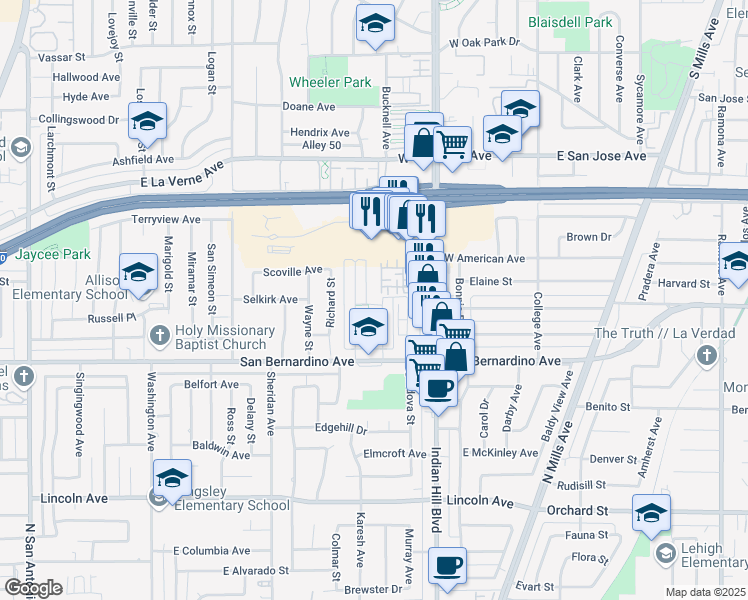 map of restaurants, bars, coffee shops, grocery stores, and more near 1823 Appleton Way in Pomona
