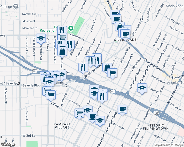 map of restaurants, bars, coffee shops, grocery stores, and more near 3207 Bellevue Avenue in Los Angeles