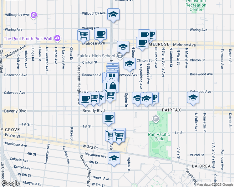 map of restaurants, bars, coffee shops, grocery stores, and more near 367 North Orange Grove Avenue in Los Angeles