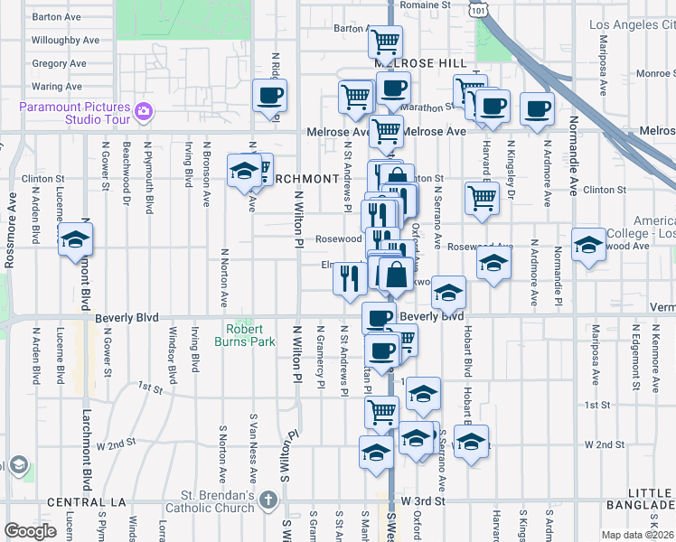 map of restaurants, bars, coffee shops, grocery stores, and more near 4806 Elmwood Avenue in Los Angeles