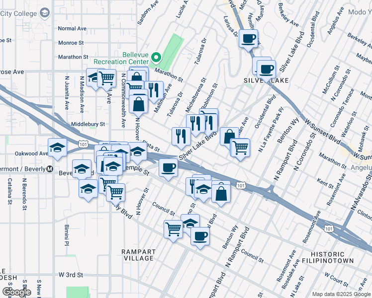 map of restaurants, bars, coffee shops, grocery stores, and more near 505 Silver Lake Boulevard in Los Angeles