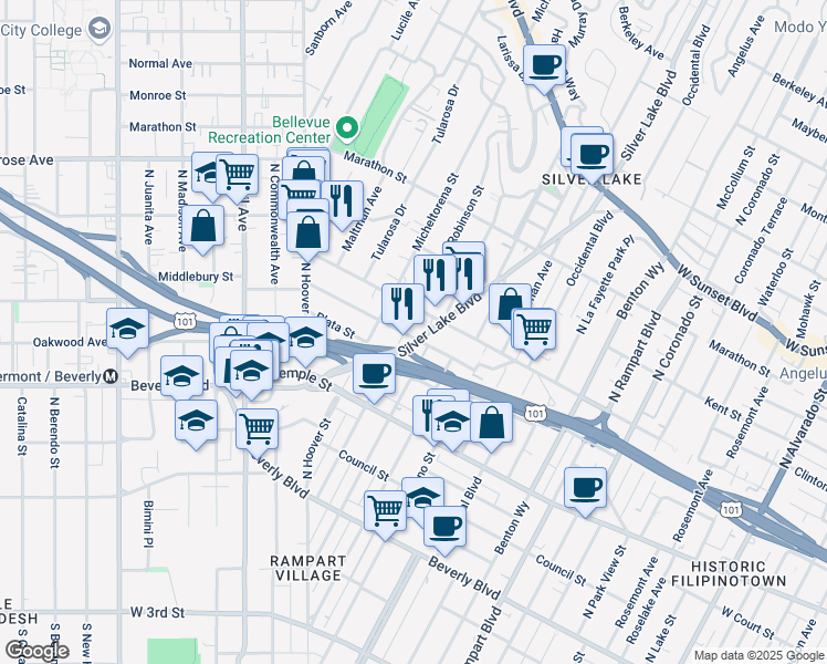 map of restaurants, bars, coffee shops, grocery stores, and more near 505 Silver Lake Boulevard in Los Angeles