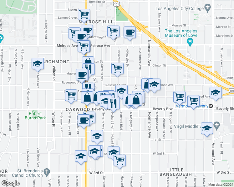 map of restaurants, bars, coffee shops, grocery stores, and more near 413 North Harvard Boulevard in Los Angeles