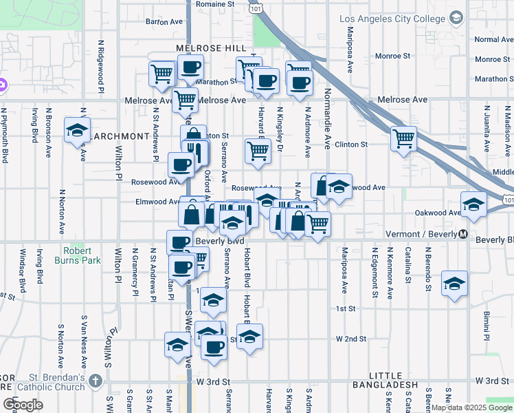 map of restaurants, bars, coffee shops, grocery stores, and more near 413 North Harvard Boulevard in Los Angeles