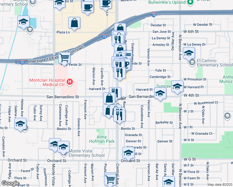 map of restaurants, bars, coffee shops, grocery stores, and more near 9670 Central Avenue in Montclair