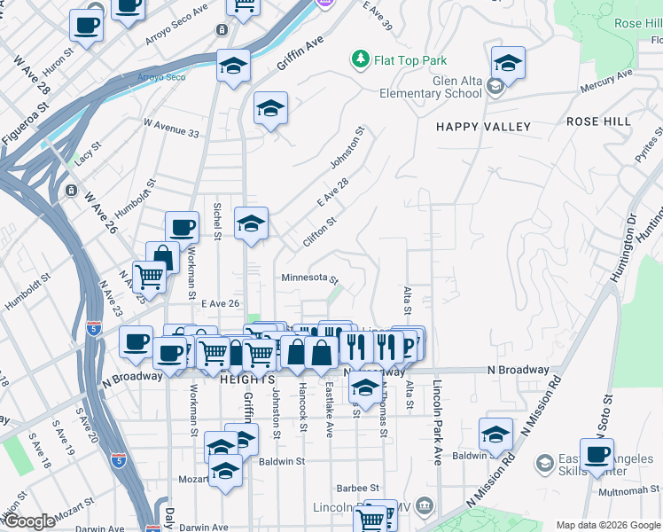 map of restaurants, bars, coffee shops, grocery stores, and more near 3135 Minnesota Street in Los Angeles