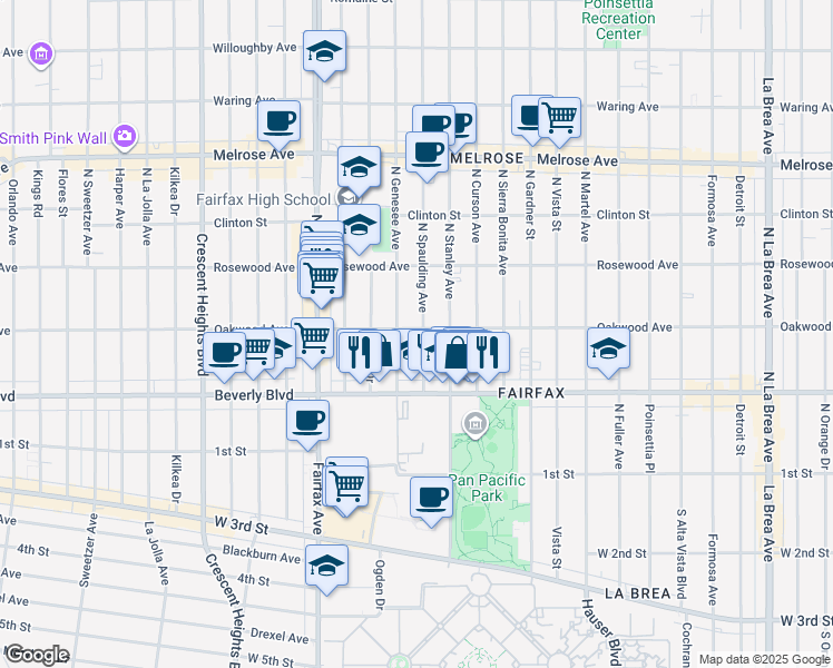 map of restaurants, bars, coffee shops, grocery stores, and more near 411 North Spaulding Avenue in Los Angeles