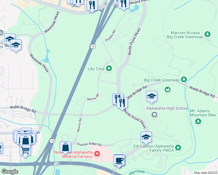 map of restaurants, bars, coffee shops, grocery stores, and more near 925 North Point Parkway in Alpharetta