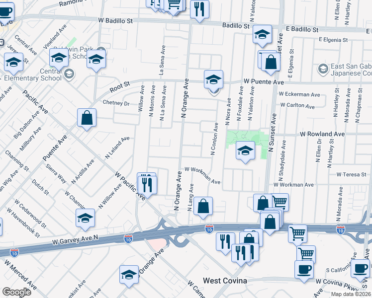 map of restaurants, bars, coffee shops, grocery stores, and more near 1714 West Padre Drive in West Covina