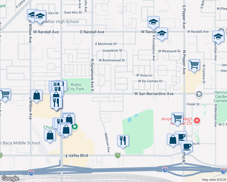 map of restaurants, bars, coffee shops, grocery stores, and more near 2026 West Sago Palm Road in Colton