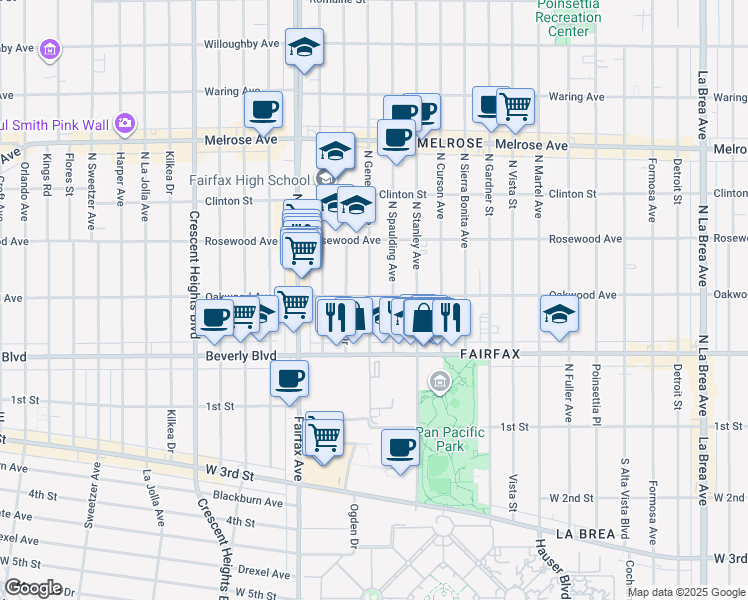 map of restaurants, bars, coffee shops, grocery stores, and more near 368 North Genesee Avenue in Los Angeles