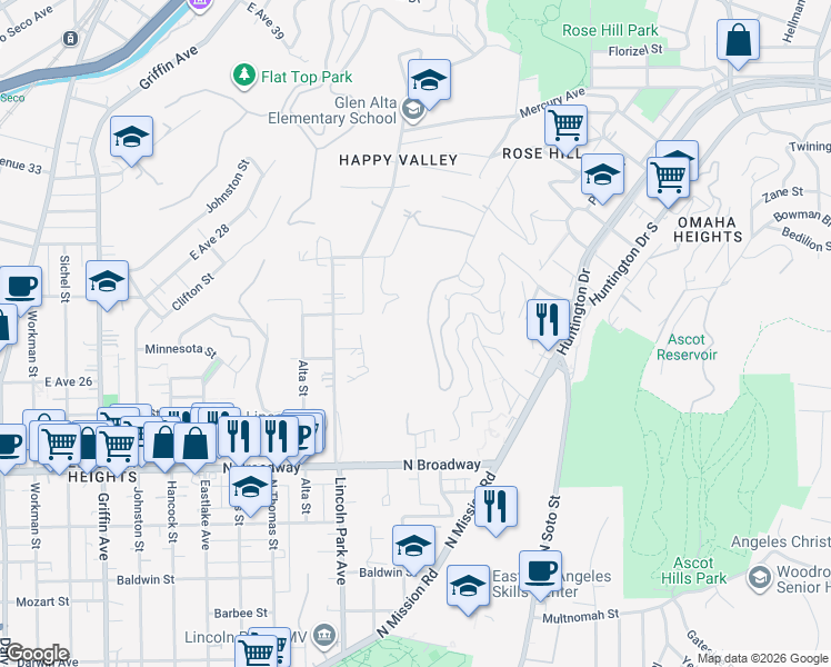 map of restaurants, bars, coffee shops, grocery stores, and more near 2929 North Amethyst Street in Los Angeles