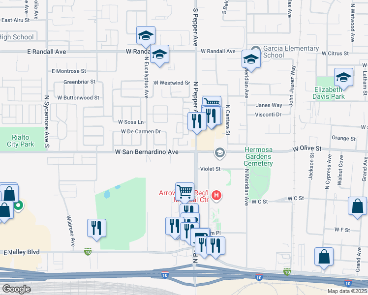 map of restaurants, bars, coffee shops, grocery stores, and more near 1019 Whistle Stop Drive in Colton