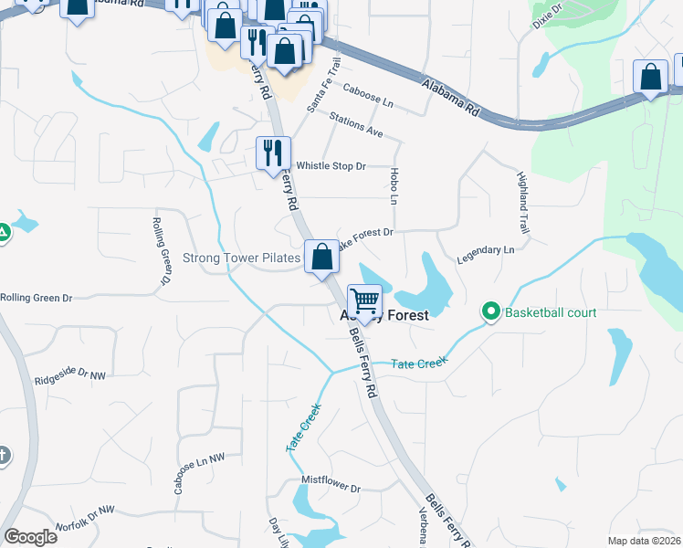 map of restaurants, bars, coffee shops, grocery stores, and more near 5184 Bells Ferry Road in Acworth