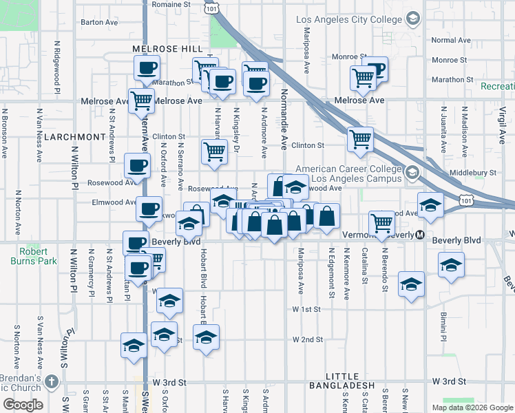 map of restaurants, bars, coffee shops, grocery stores, and more near 426 North Ardmore Avenue in Los Angeles