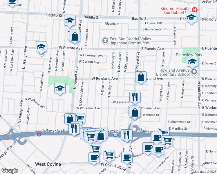 map of restaurants, bars, coffee shops, grocery stores, and more near 415 North Hartley Street in West Covina